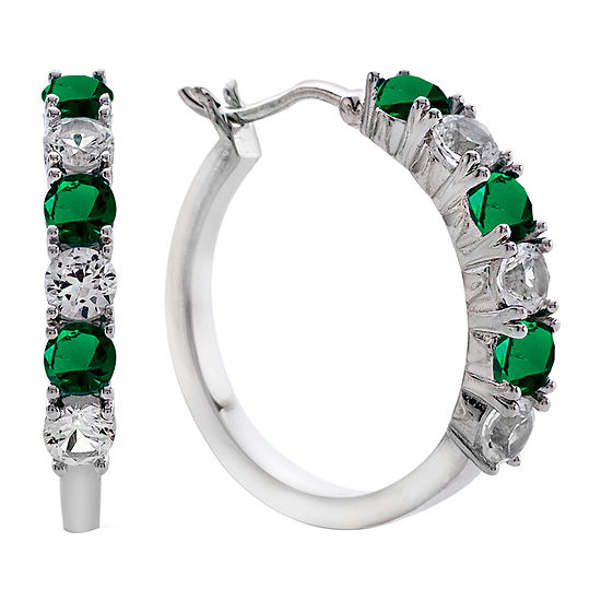 Lab-Created Emerald & Lab-Created White Sapphire Sterling Silver Hoop Earrings