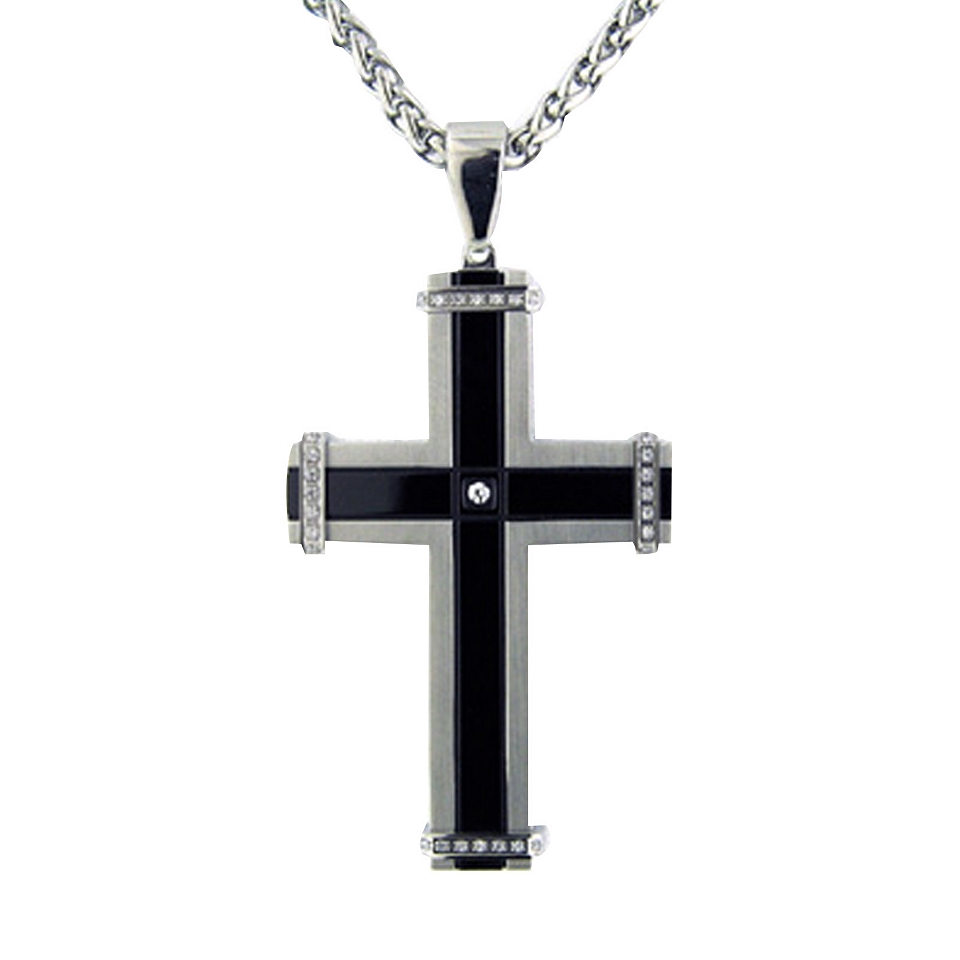 Mens Stainless Steel & Black Cubic Zirconia Cross Pendant, White