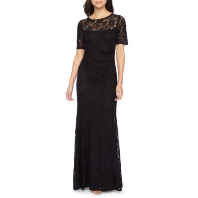 one by eight short sleeve lace evening gown