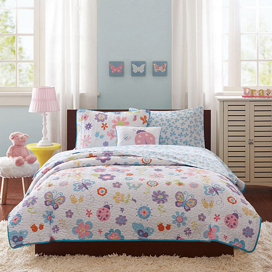 Mi Zone Kids Butterfly Bonanza Antimicrobial Reversible Coverlet Bedding Set with Sheets