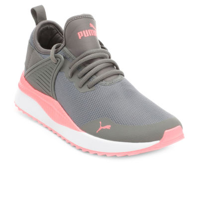 gray and pink puma shoes