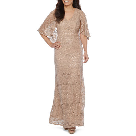 blu sage short sleeve sequin lace evening gown