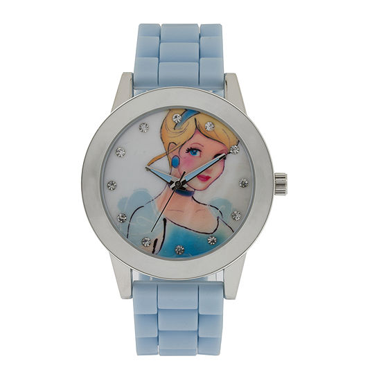 Disney Cinderella Womens Crystal-Accent Blue Silicone Strap Watch