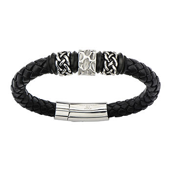 Mens Black Braided Leather and Stainless Steel Celtic Knot Bracelet