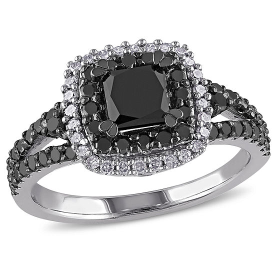 Womens 1 1/2 CT. T.W. Color Enhanced Round Black & White Diamond Sterling Silver Engagement Ring