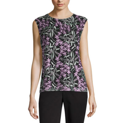 Liz Claiborne Spring Bouquet Womens Round Neck Sleeveless Blouse