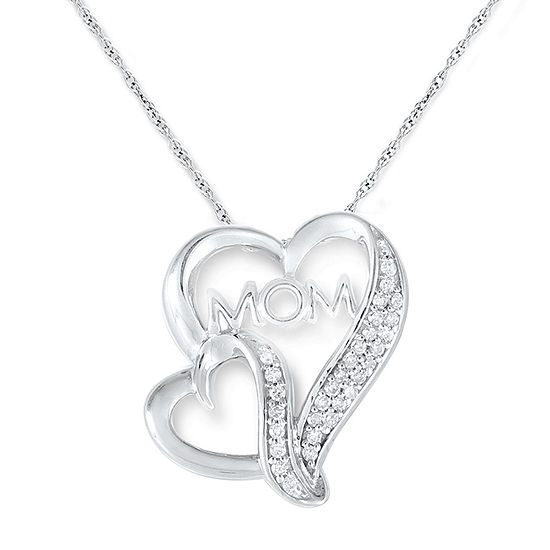 "Mom" Womens 1/10 CT. T.W. Genuine White Diamond Sterling Silver Heart Pendant Necklace