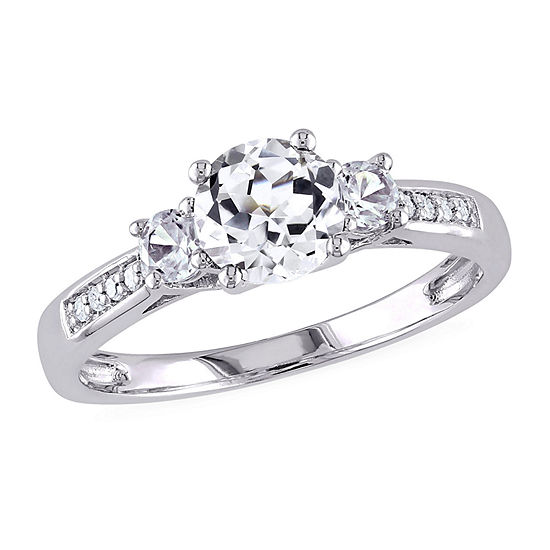 Modern Bride Gemstone Womens Diamond Accent Lab Created White Sapphire 10K White Gold 3-Stone Engagement Ring