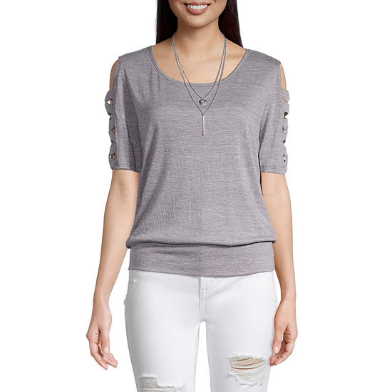 by&by Juniors Womens Round Neck Elbow Sleeve Top