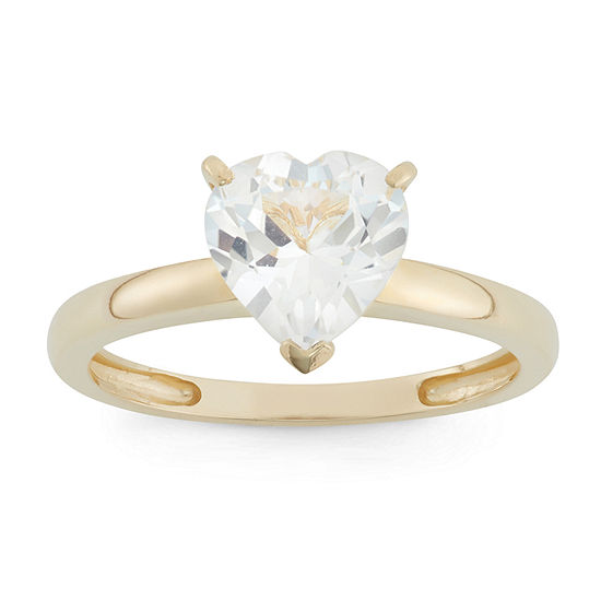 Womens Lab Created White Sapphire 10K Gold Heart Solitaire Cocktail Ring