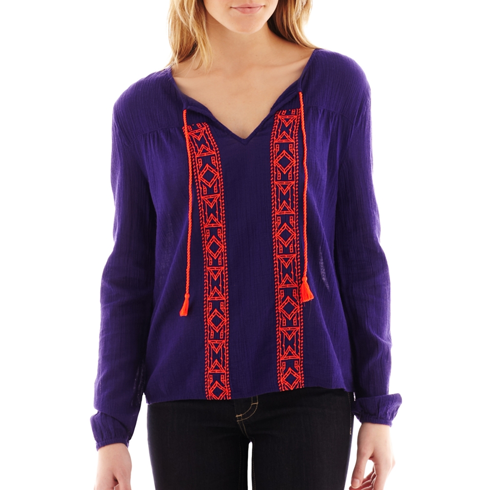 Decree Embroidered Long Sleeve Peasant Top, Purple