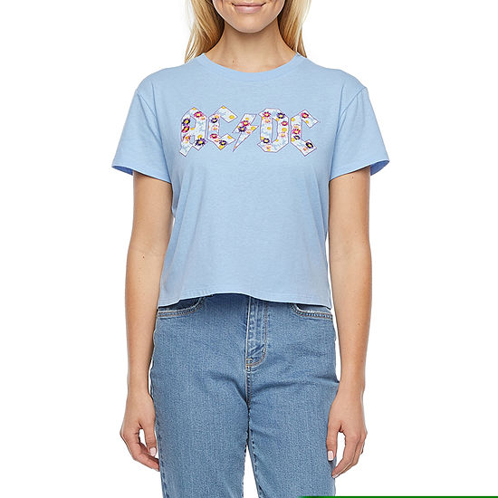 Floral ACDC Embroidered Juniors Womens Cropped Graphic T-Shirt