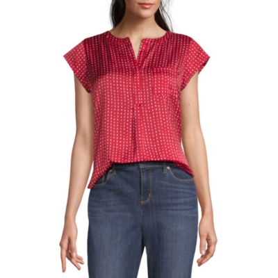 Liz Claiborne Womens Split Crew Neck Short Sleeve Satin Blouse