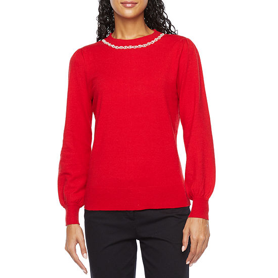Liz Claiborne Plus Womens Crew Neck Embellished Long Sleeve Pullover Sweater