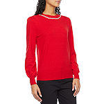 Liz Claiborne Plus Womens Crew Neck Embellished Long Sleeve Pullover Sweater
