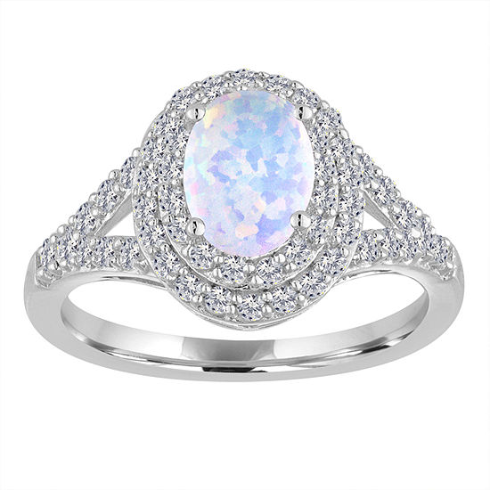 Lab-Created Opal & Lab-Created White Sapphire Double Halo Ring in ...