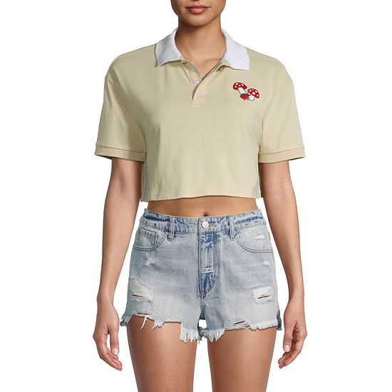 Mushroom Embroidered Juniors Womens Cropped Polo Shirt