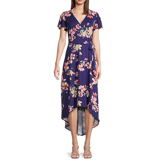by&by Juniors Short Sleeve Floral High-Low Fit + Flare Dress