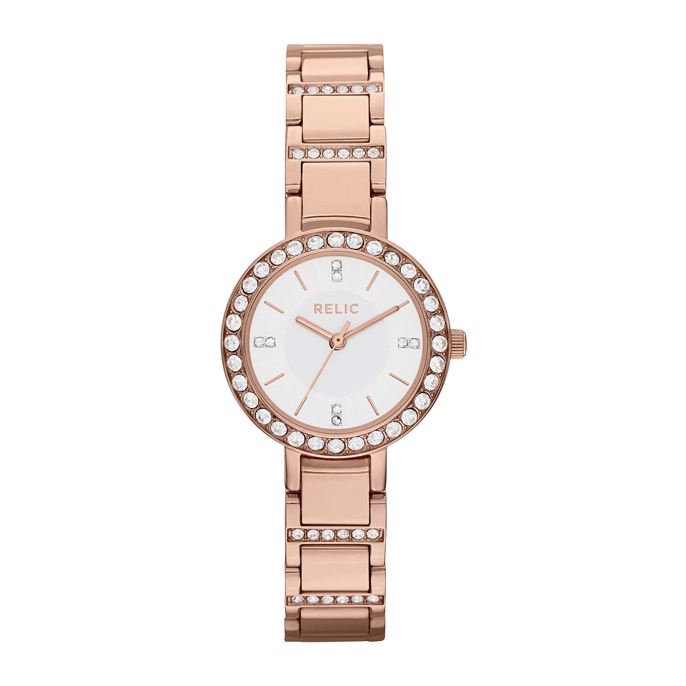 RELIC Womens Rose Tone Crystal Accent Watch