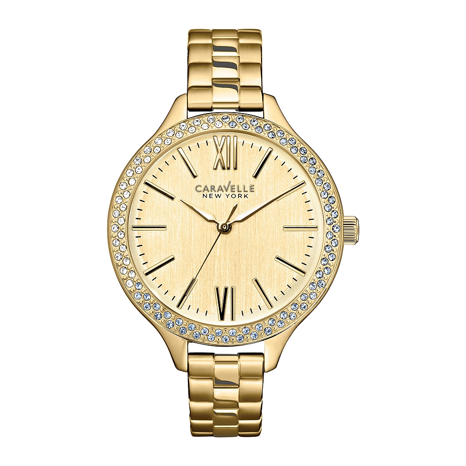 Caravelle New York Womens Roman Numeral Gold Tone Dial Watch