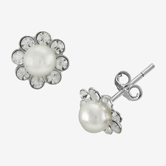 Itsy Bitsy Simulated Pearl and Crystal Sterling Silver Flower Stud Earrings