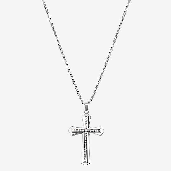 Shaquille O'Neal Xlg Mens White Cubic Zirconia Stainless Steel Cross Pendant Necklace