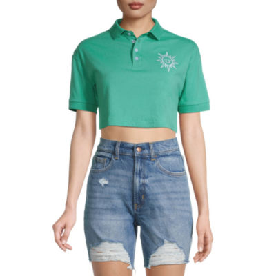 Celestial Sun Embroidered Juniors Womens Cropped Polo Shirt