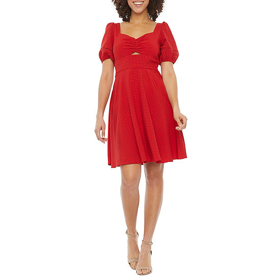 Melonie T Short Puff Sleeve Textured Fit + Flare Dress