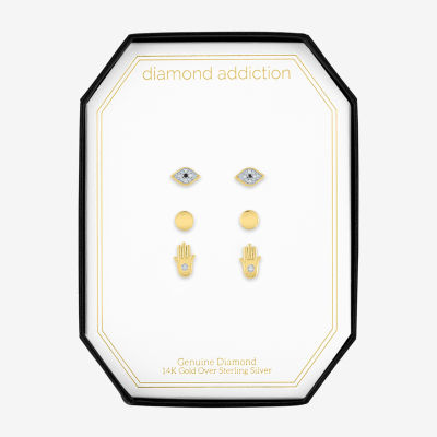 Diamond Addiction 1/10 CT. T.W. Genuine White Diamond Accent 14K Gold Over Silver Circle Evil Eye Hamsa 3 Pair Earring Set