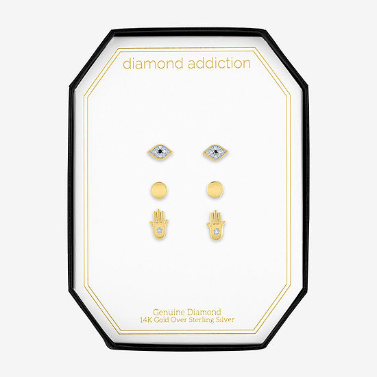 Diamond Addiction 1/10 CT. T.W. Genuine White Diamond Accent 14K Gold Over Silver Circle Evil Eye Hamsa 3 Pair Earring Set