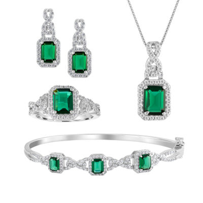 Womens 4pc. Simulated Emerald & Cubic Zirconia Silver Over Brass
