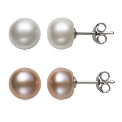 Freshwater Pearl and Chain Earrings Pink Floating Pearl Earrings in Silver Pink  Freshwater Pearl Earrings