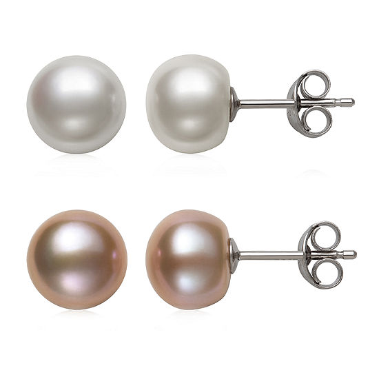 LIMITED TIME SPECIAL! 2 Pair Pink and White Cultured Freshwater Pearl  Stud Earring Set