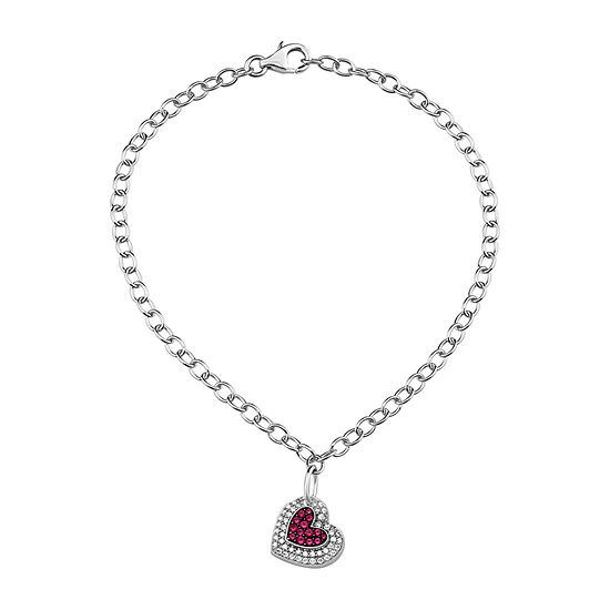 Simulated Red Ruby Sterling Silver Heart Charm Bracelet