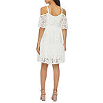 Robbie Bee Short Sleeve Cold Shoulder Lace Babydoll Dress Petite