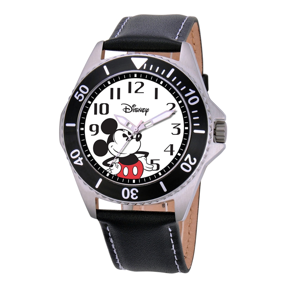 Disney Honor Mens Mickey Mouse Black Leather Strap Watch