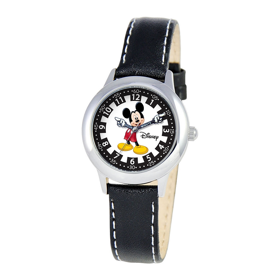 Disney Articulating Mickey Mouse Kids Black Leather Strap Watch, Boys