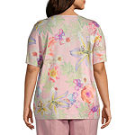 Alfred Dunner Plus Magnolia Springs Womens U Neck Embellished Short Sleeve Floral Pullover Sweater