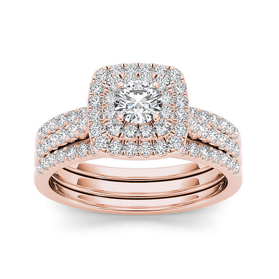 1 CT. T.W. Diamond 10K Rose Gold Halo Bridal Ring Set