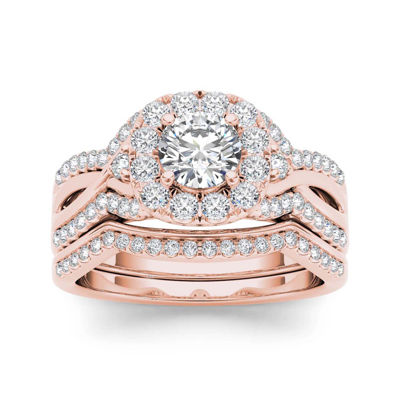 1 1/4 CT. T.W. Diamond 14K Rose Gold Halo Bridal Ring Set, Color Rose