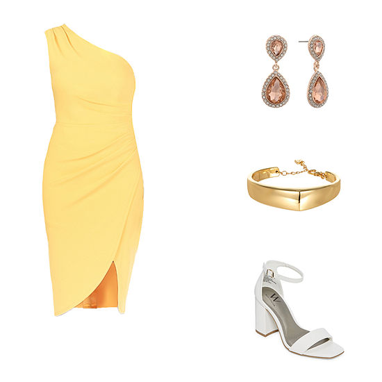 One-Shoulder Dress, Worthington Gold-Tone Cuff Bracelet & Becklyn Heeled Sandals