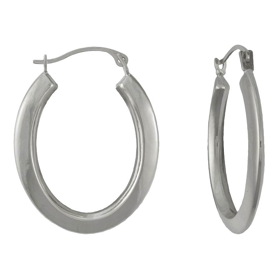 14K White Gold Thick Oval Hoop Earrings, Womens