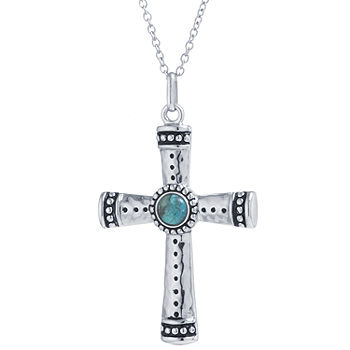44mm Sterling Silver Cross Pendant tall w/ Synthetic Turquoise Inlay and CZ Stones 1 3/4