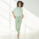 WT/ANA ALL GREEN: Worthington Tie Neck Ruffle-Sleeve Top, Button-Front Skinny Ankle Pants & Sandals