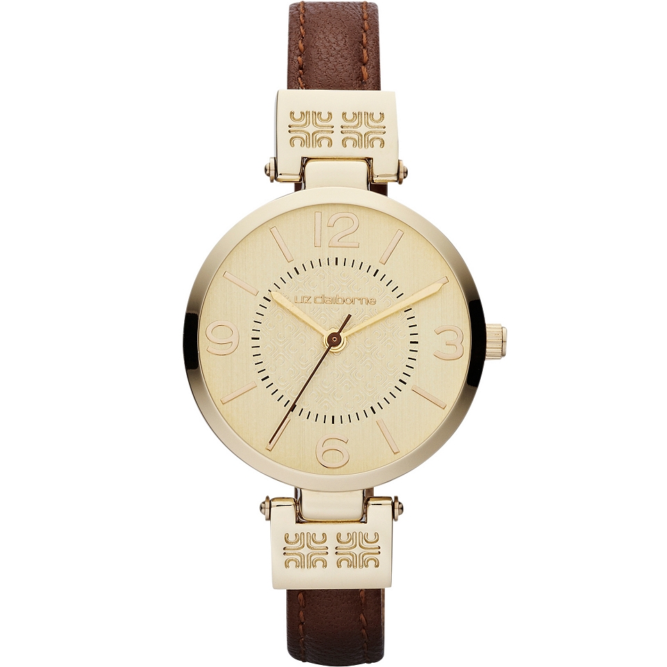 LIZ CLAIBORNE Womens Gold Tone Watch with Skinny Leather Strap, Brown