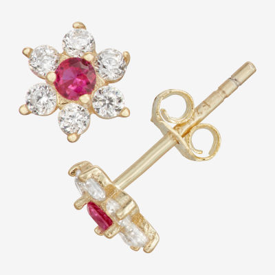 Red Cubic Zirconia 14K Gold Over Silver 7mm Flower Stud Earrings