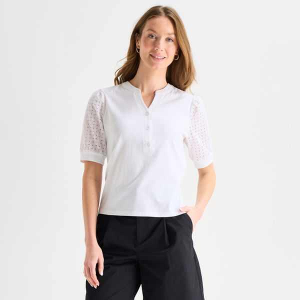 Liz Claiborne Womens Tall Split Crew Neck Elbow Sleeve Blouse