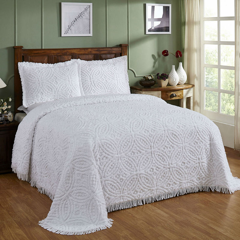 Better Trends Chenille Wedding Ring Bedspread, Queen, White
