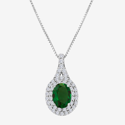 Simulated Emerald & Lab-Created White Sapphire Sterling Silver Halo Pendant Necklace