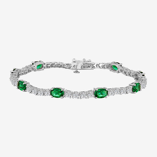 Simulated Emerald and Cubic Zirconia Sterling Silver Over Brass Bracelet